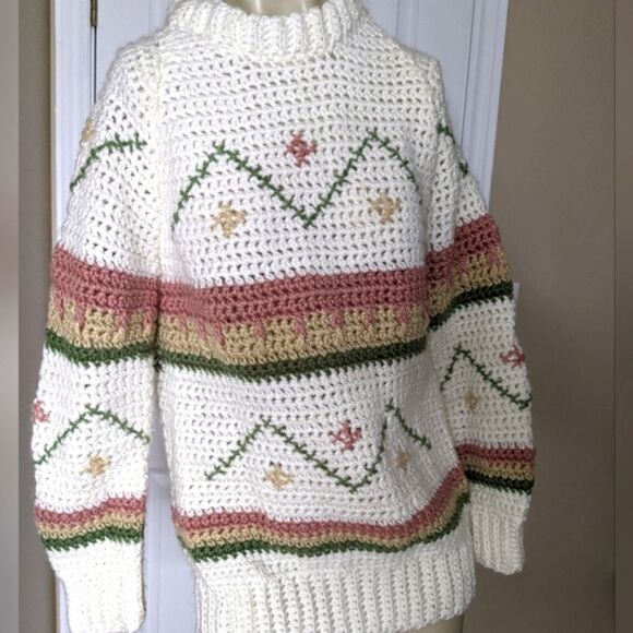 𝅺vintage chunky knit grandma handmade sweater white - Picture 2 of 8